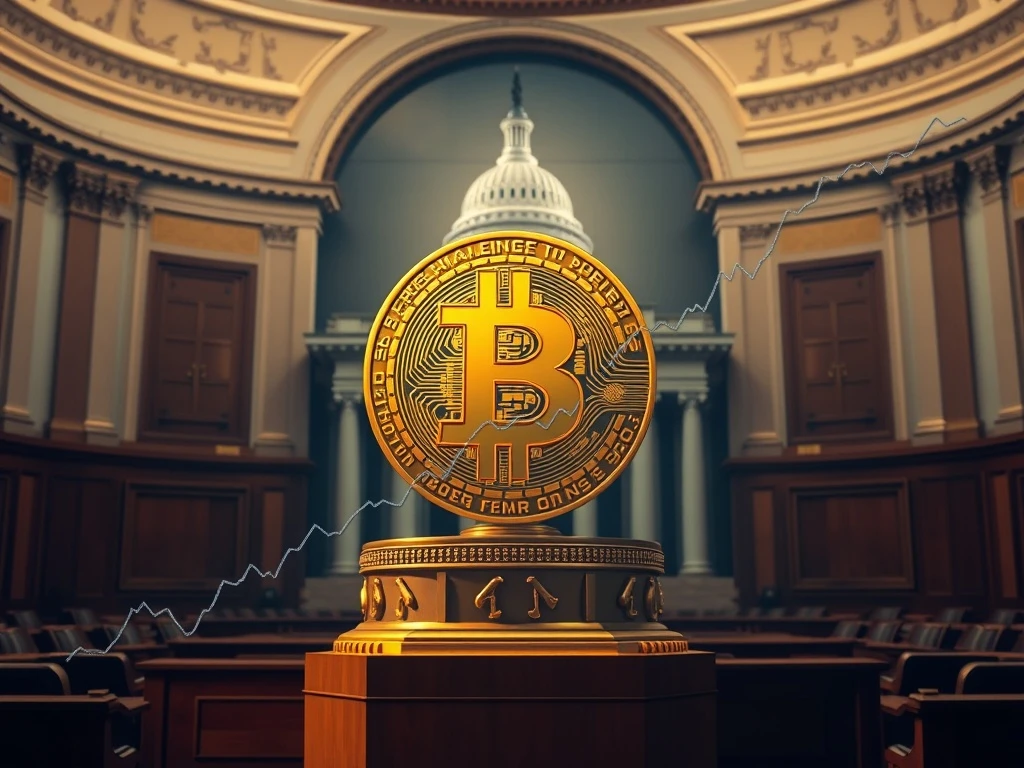 A visual representation of the US government's groundbreaking Strategic Bitcoin Reserve order, showing a Bitcoin symbol rising amidst a surging market chart.