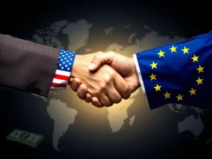 President Trump and EU President von der Leyen symbolize the averted transatlantic trade war through their landmark tariff agreement, bolstering global economic stability.