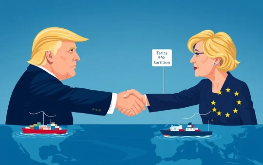 President Trump and EU President von der Leyen symbolize the averted transatlantic trade war through their landmark tariff agreement, bolstering global economic stability.