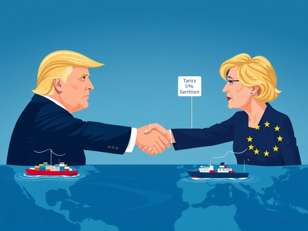 Illustrates the strategic Trump EU trade deal, highlighting investment and tariffs' impact on global trade.