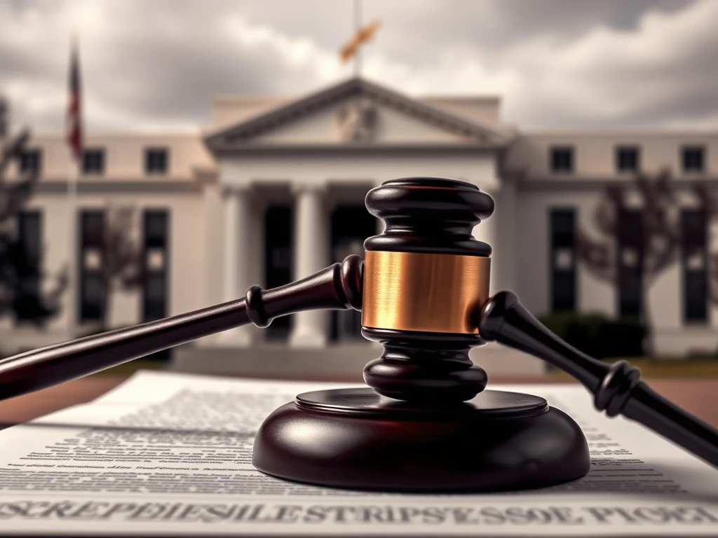 A gavel striking a block in front of a blurred image of the Federal Reserve building, symbolizing the legal challenge of the Trump Fed lawsuit demanding transparency.