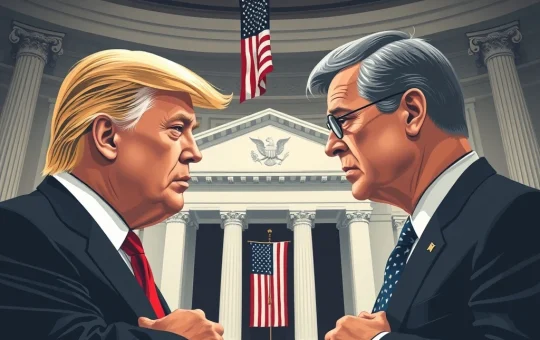 A tense meeting between Trump and Jerome Powell at the Federal Reserve, symbolizing the impact of the Trump Fed visit on financial markets.