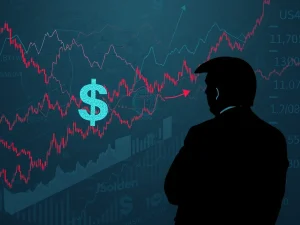 Visualizing Trump policies impacting market volatility with fluctuating dollar signs, trade tariff symbols, and uncertain economic trends.