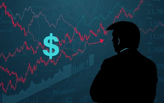 Visualizing Trump policies impacting market volatility with fluctuating dollar signs, trade tariff symbols, and uncertain economic trends.