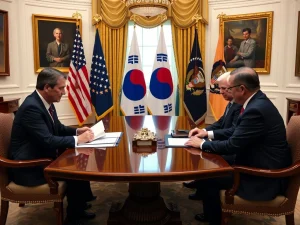 Trump and South Korean officials discussing trade deal and tariffs in the White House