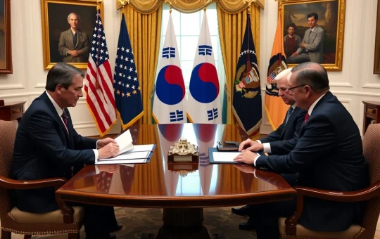 Trump and South Korean officials discussing trade deal and tariffs in the White House