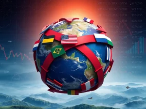 Illustrating the potential global economic impact of Trump tariffs on markets, including cryptocurrency volatility.