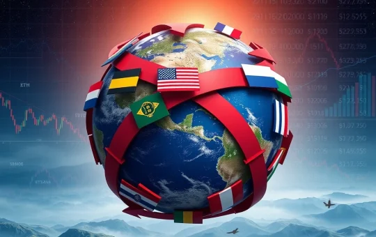Illustrating the potential global economic impact of Trump tariffs on markets, including cryptocurrency volatility.