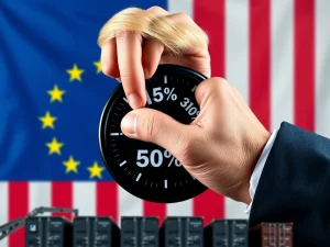 Conceptual image of Trump tariffs impacting an EU trade deal, symbolizing global economic shifts and market volatility.