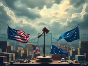 A visual representation of the critical US-EU trade deal negotiations under the looming threat of Trump tariffs, with flags and a deadline.