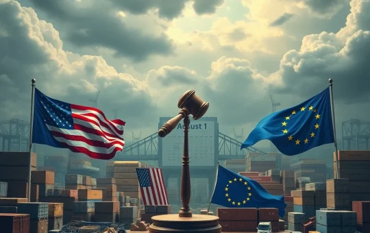 A visual representation of the critical US-EU trade deal negotiations under the looming threat of Trump tariffs, with flags and a deadline.