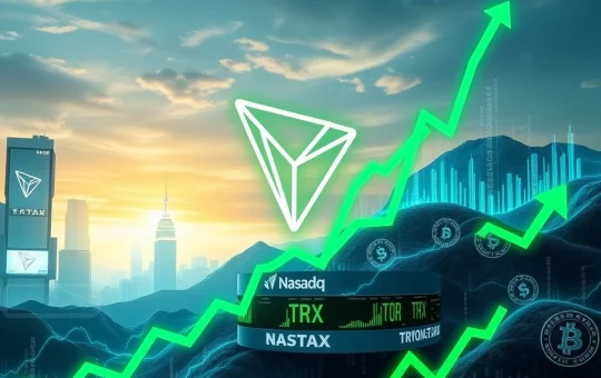 A chart showing TRX price movements with the Tron logo, indicating a significant surge after its Nasdaq listing and highlighting key resistance levels for TRX Price Analysis.