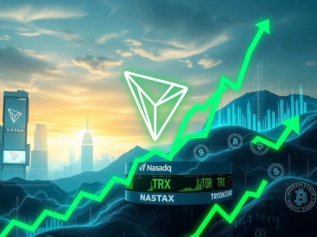 A chart showing TRX price movements with the Tron logo, indicating a significant surge after its Nasdaq listing and highlighting key resistance levels for TRX Price Analysis.