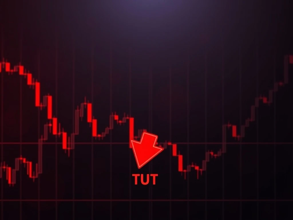 TUT cryptocurrency price chart showing a sharp decline with a red downward arrow