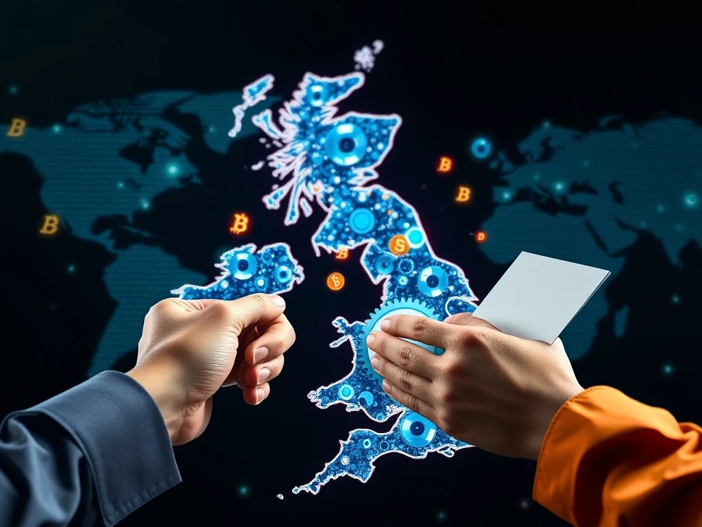 Visualizing the push for UK Crypto Regulation, with digital assets and legal frameworks intertwining for future blockchain innovation.