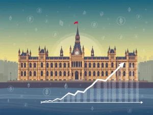 A graphic illustrating the UK's financial landscape with Bitcoin and Ethereum symbols, representing the evolving UK Crypto Regulation and the potential for new investment vehicles like Bitcoin ETFs.