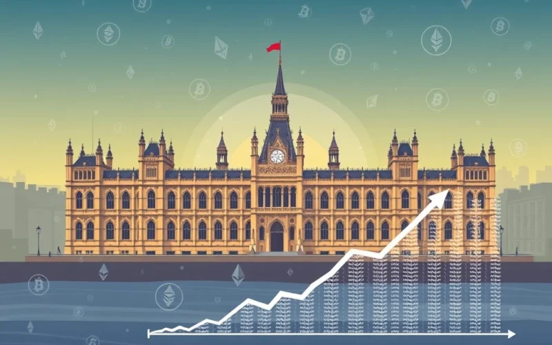 A graphic illustrating the UK's financial landscape with Bitcoin and Ethereum symbols, representing the evolving UK Crypto Regulation and the potential for new investment vehicles like Bitcoin ETFs.