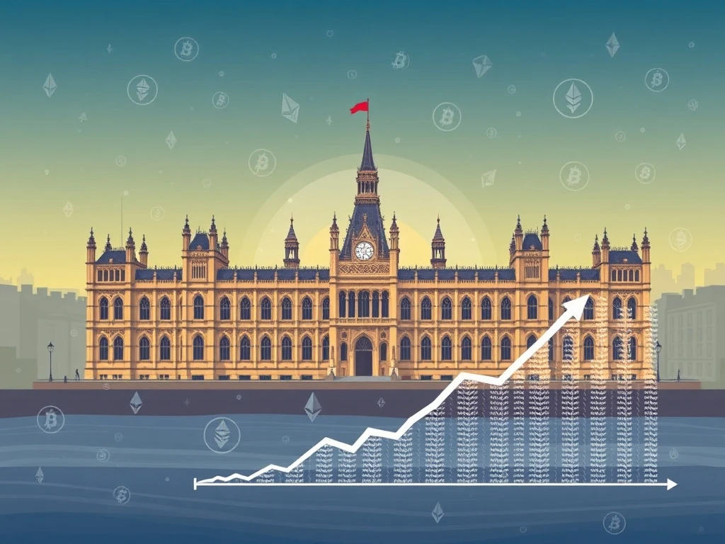 A graphic illustrating the UK's financial landscape with Bitcoin and Ethereum symbols, representing the evolving UK Crypto Regulation and the potential for new investment vehicles like Bitcoin ETFs.