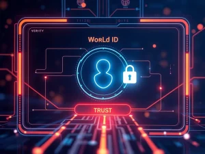 A digital representation of secure unbacked crypto loans verified by World ID, symbolizing a new era of decentralized finance.