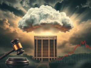 Visualizing UnitedHealth Group facing legal and market challenges, with declining stock charts and regulatory pressure.