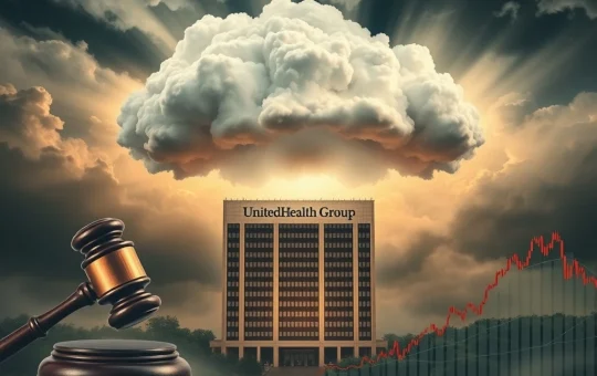 Visualizing UnitedHealth Group facing legal and market challenges, with declining stock charts and regulatory pressure.