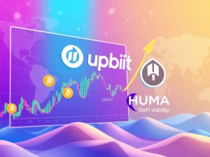 A graphic showing the Upbit trading interface with HUMA, BTC, and USDT pairs, symbolizing the Upbit HUMA Listing and its impact on DeFi visibility.