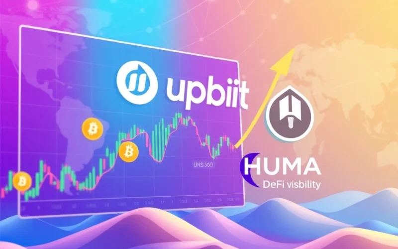 A graphic showing the Upbit trading interface with HUMA, BTC, and USDT pairs, symbolizing the Upbit HUMA Listing and its impact on DeFi visibility.