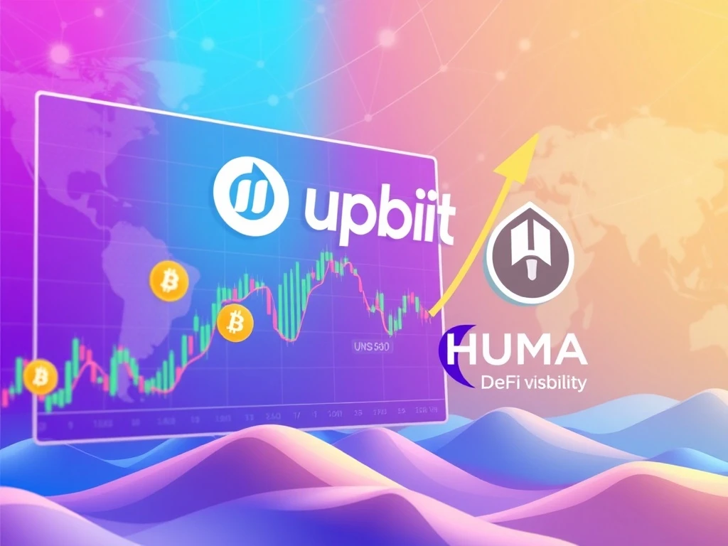 A graphic showing the Upbit trading interface with HUMA, BTC, and USDT pairs, symbolizing the Upbit HUMA Listing and its impact on DeFi visibility.