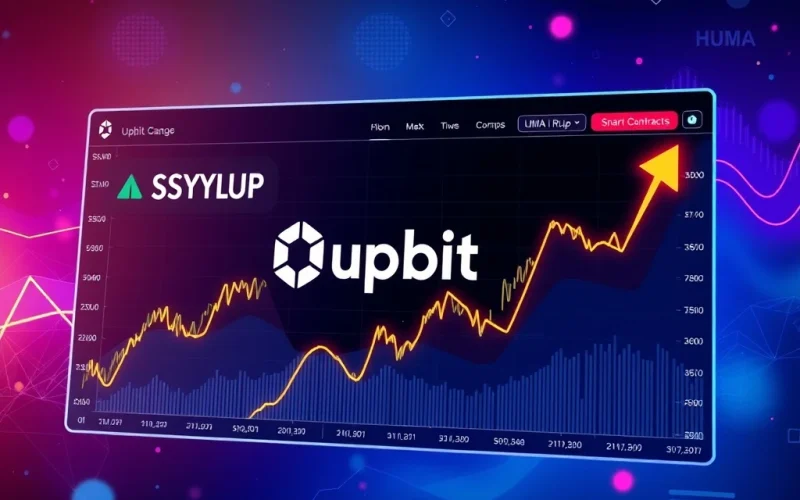 Upbit listing of Maple Finance SYRUP and Huma Finance HUMA tokens driving significant crypto exchange volume on a digital dashboard.