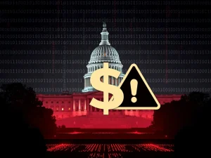 An illustration showing the US Capitol building with digital lines and dollar signs, symbolizing the new US AI Policy impacting federal funding for AI regulation.