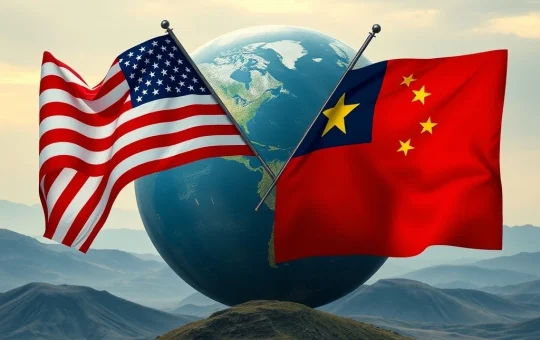 A symbolic image representing the US China trade truce, with two hands shaking over a world map, indicating diplomatic efforts to ensure global economic stability.