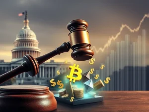 Gavel striking blockchain, symbolizing the impact of US crypto regulation on the market, driving a stablecoin surge and market rally.