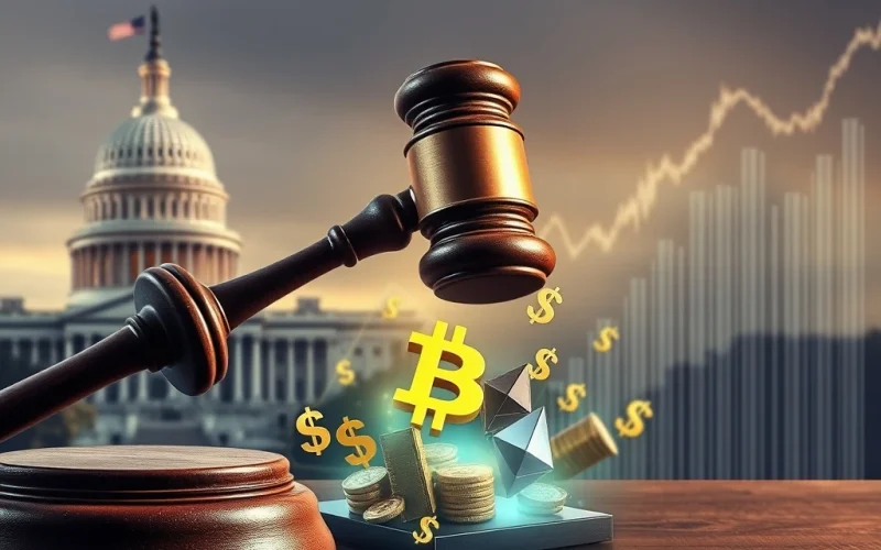 Gavel striking blockchain, symbolizing the impact of US crypto regulation on the market, driving a stablecoin surge and market rally.