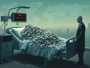 Ray Dalio's dire warning about the US debt burden triggering a potential economic heart attack, symbolizing market instability.