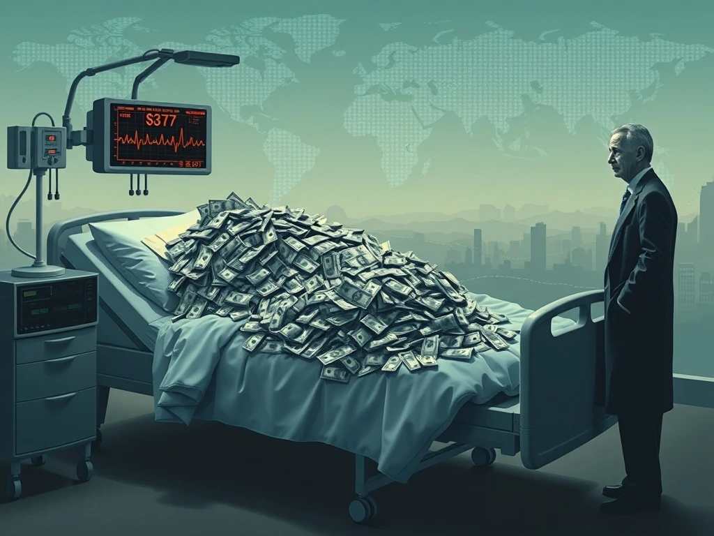 Ray Dalio's dire warning about the US debt burden triggering a potential economic heart attack, symbolizing market instability.