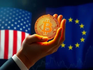 Visualizing the US-EU Tariff Truce's potential impact on crypto markets and global economic stability, showing intertwining flags and digital currency symbols.