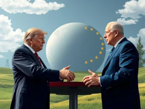 Illustrating the high stakes of US EU trade negotiations, depicting Trump's demands for tariff cuts and potential EU retaliation.