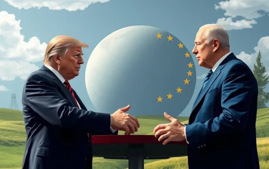 Illustrating the high stakes of US EU trade negotiations, depicting Trump's demands for tariff cuts and potential EU retaliation.