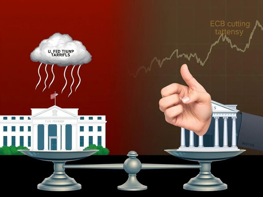 A cautious US Fed deliberates rate cuts amidst escalating Trump tariffs, contrasting with the ECB's aggressive actions, impacting global cryptocurrency markets.