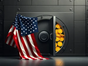 A secure digital vault representing the US government's stagnant Bitcoin holdings, emphasizing the mystery of their inactivity.