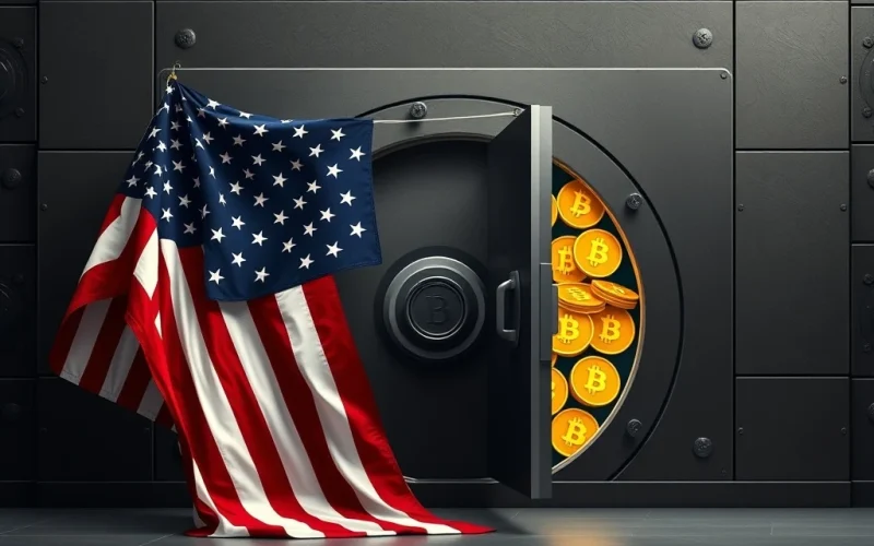 A secure digital vault representing the US government's stagnant Bitcoin holdings, emphasizing the mystery of their inactivity.