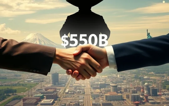 An illustration depicting the complex US-Japan Trade Deal, symbolizing the $550 billion investment and the debate surrounding its economic viability.