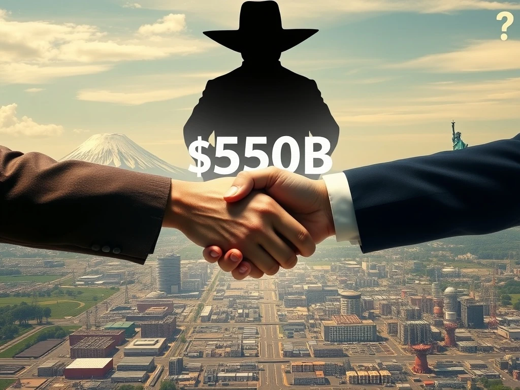 An illustration depicting the complex US-Japan Trade Deal, symbolizing the $550 billion investment and the debate surrounding its economic viability.
