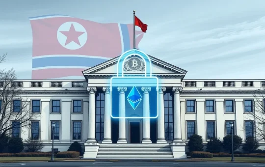 A visual representation of the US Treasury building symbolizing *North Korea sanctions* against illicit *crypto funding* and IT worker operations.