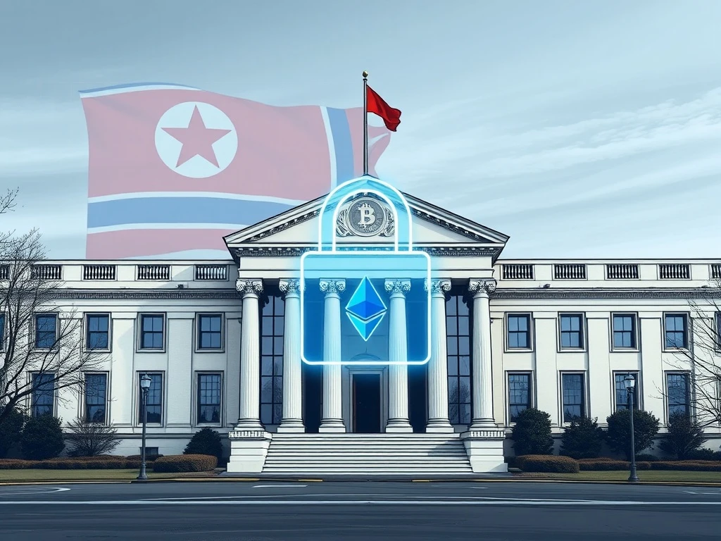 A visual representation of the US Treasury building symbolizing *North Korea sanctions* against illicit *crypto funding* and IT worker operations.