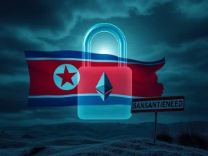 A digital padlock over crypto symbols, representing the US crackdown on North Korea crypto fraud and illicit finance.