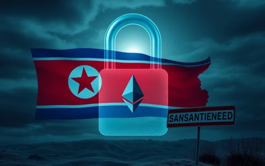 A digital padlock over crypto symbols, representing the US crackdown on North Korea crypto fraud and illicit finance.