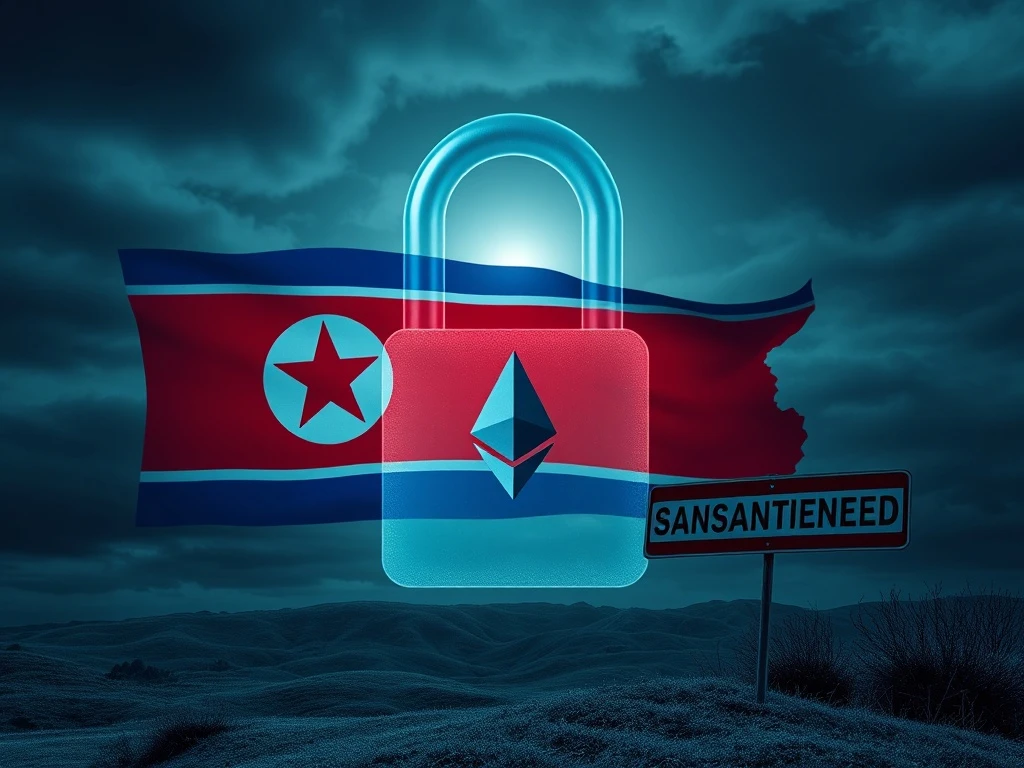 A digital padlock over crypto symbols, representing the US crackdown on North Korea crypto fraud and illicit finance.