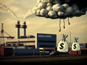 General Motors factory struggling under the immense domestic cost burden of US tariffs, symbolizing the staggering financial impact.