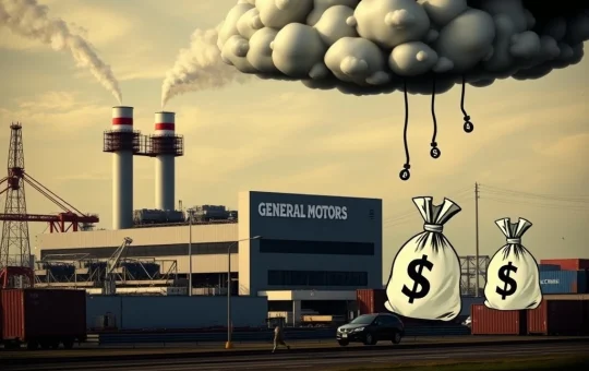 General Motors factory struggling under the immense domestic cost burden of US tariffs, symbolizing the staggering financial impact.